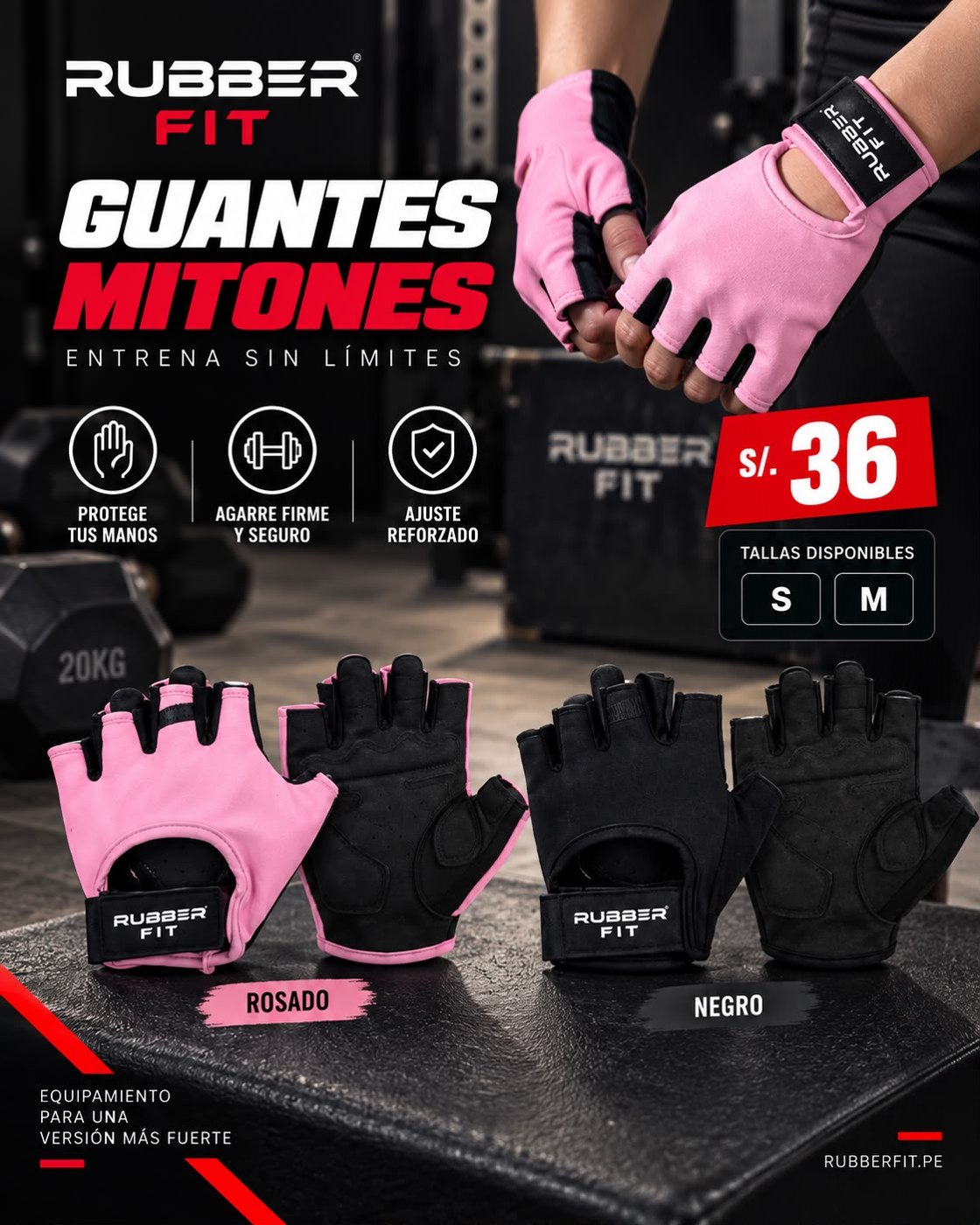 Guantes mitones para gimnasio en rosado y negro, tallas S y M