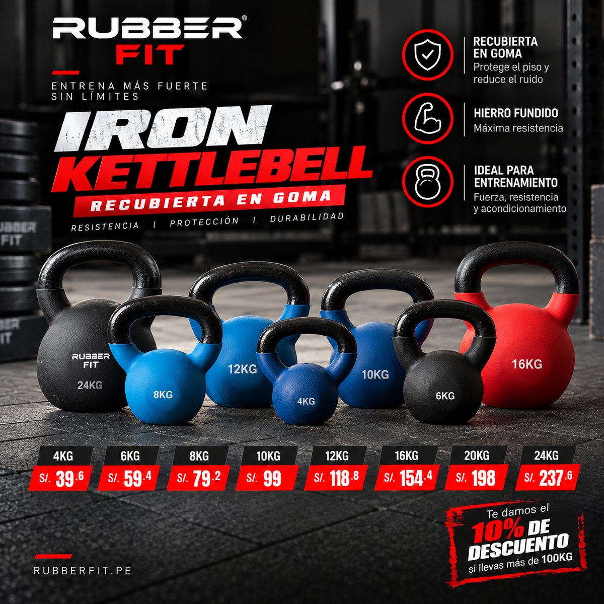 Precios de pesas rusas Rubber Fit de 4 a 24 kg