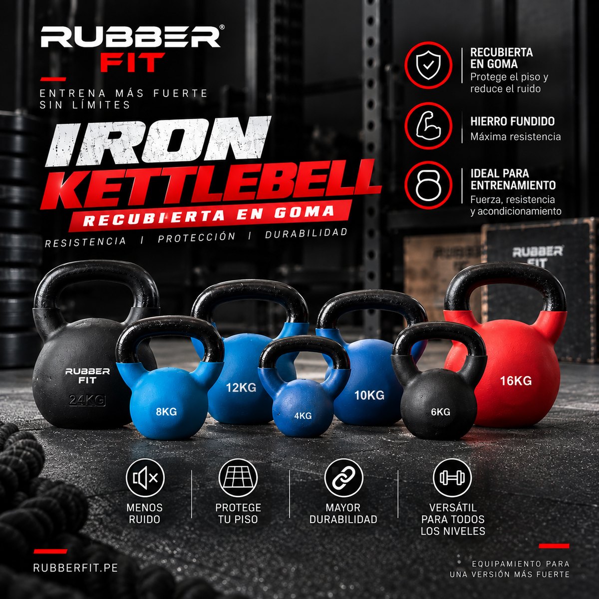 Pesa Rusa de Hierro Fundido Recubierta en Goma - Kettlebell de 4 a 24 kg